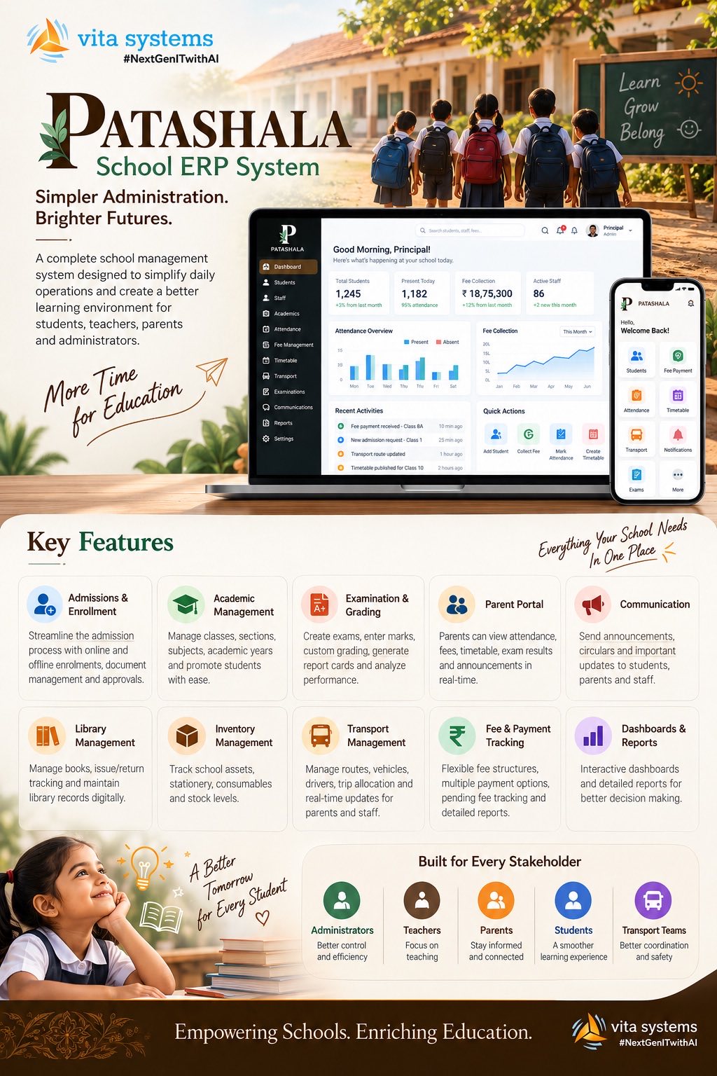Patashala School ERP project artwork showing school management features and a product dashboard. Displayed figures are illustrative.
