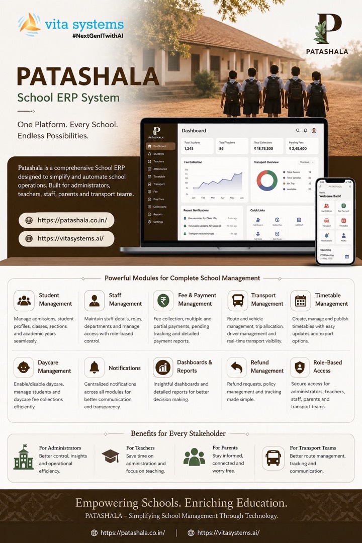 Patashala School ERP artwork showing the school dashboard and mobile app