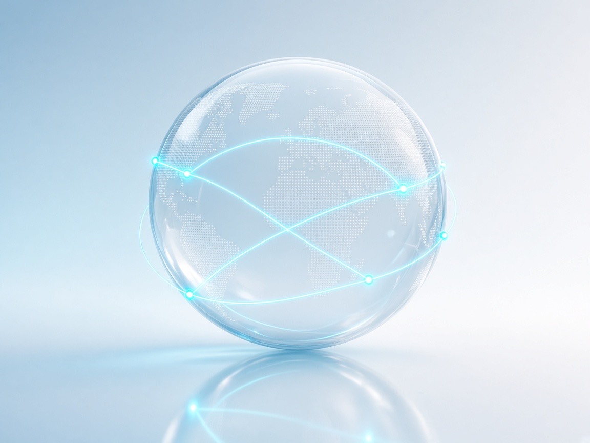 Glass globe with light arcs connecting offices across continents