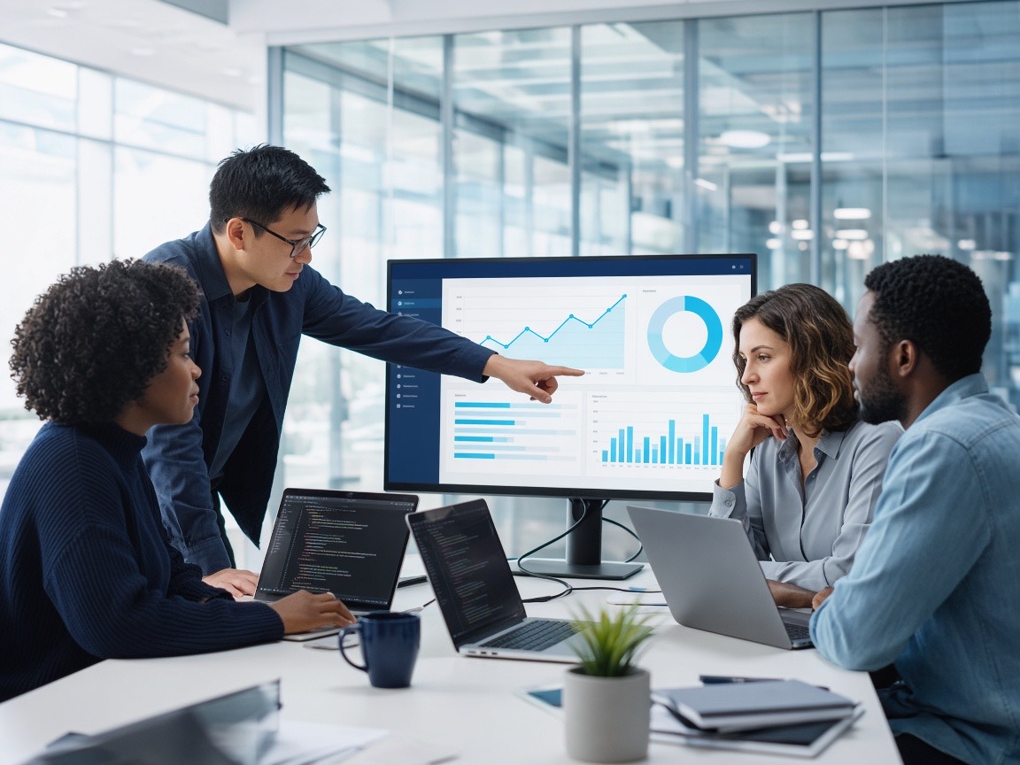 Vita Systems engineers and designers reviewing a product analytics dashboard together