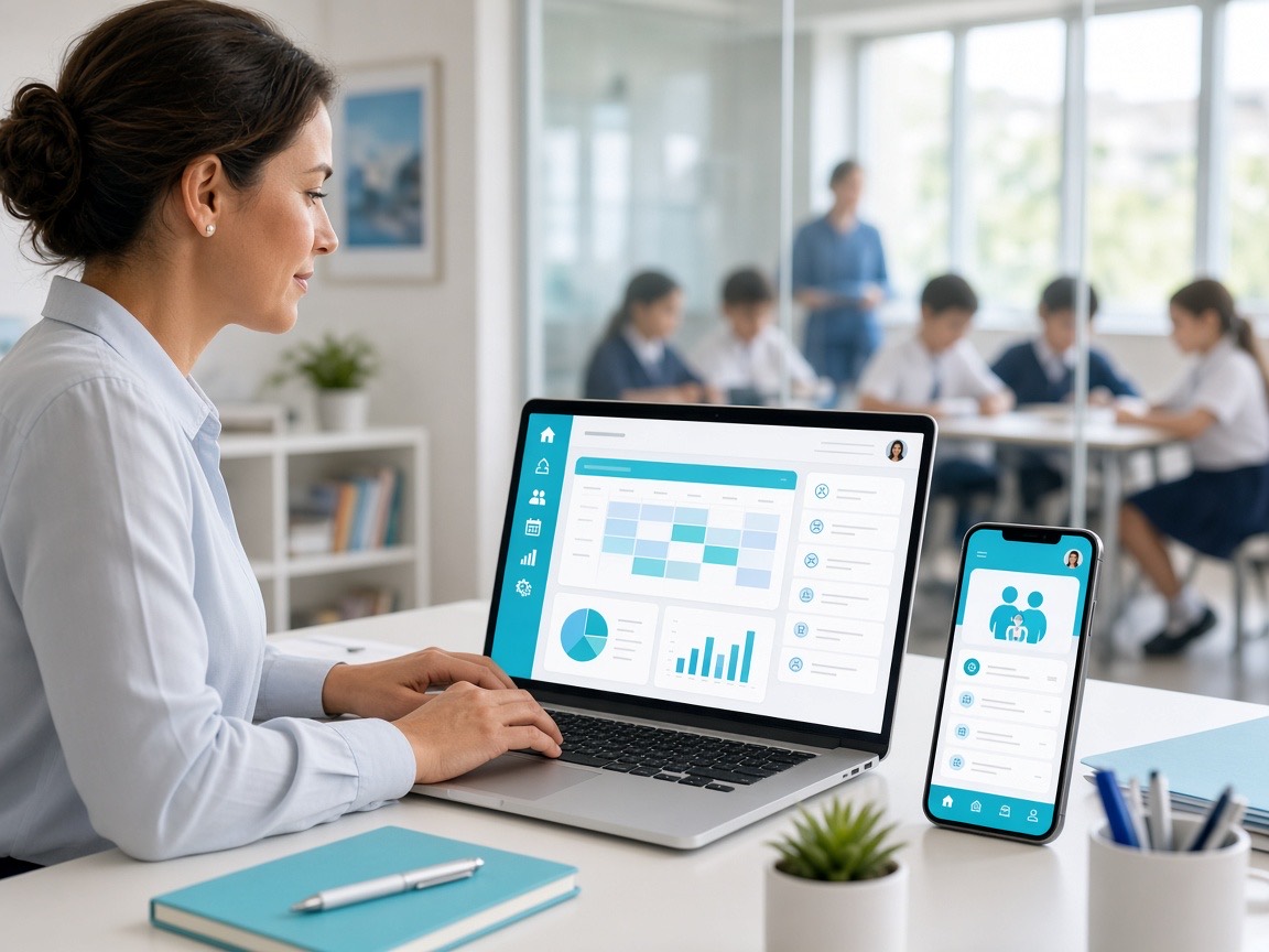 Teacher using a school management dashboard with a parent app on a phone