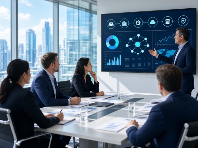 Business leaders reviewing a connected enterprise dashboard in a boardroom