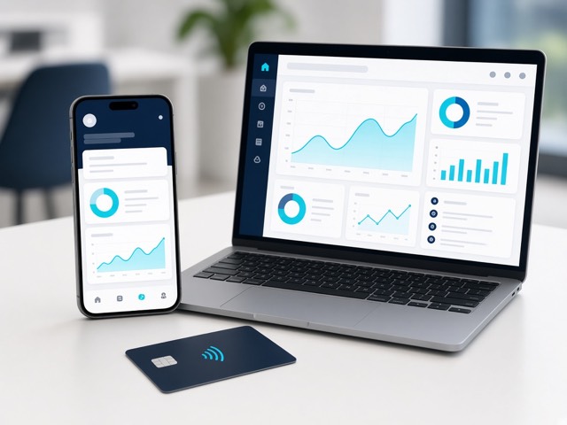 Banking app and financial analytics dashboard with a contactless card