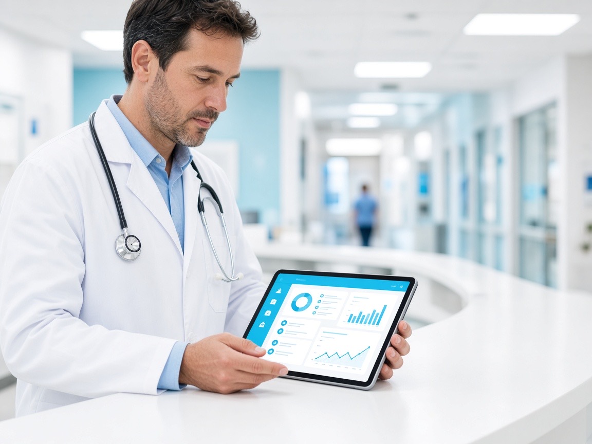 Doctor using a patient management dashboard on a tablet at a hospital desk