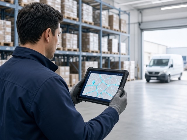 Warehouse worker tracking delivery routes on a rugged tablet