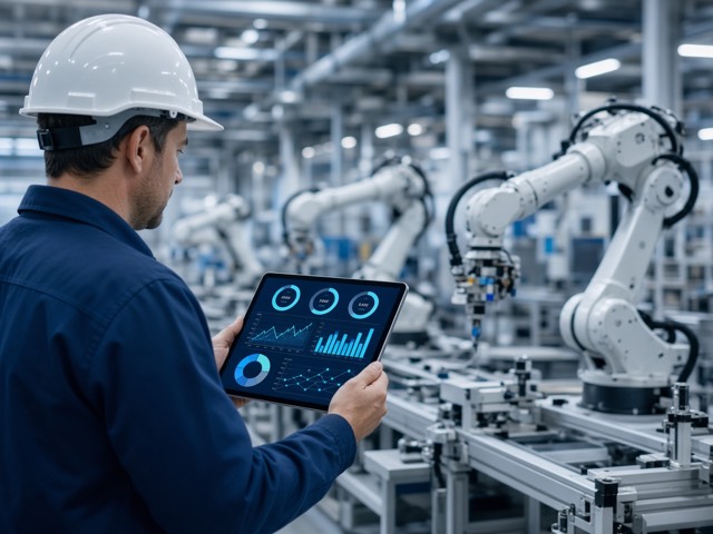 Engineer monitoring a robotic production line on a tablet dashboard