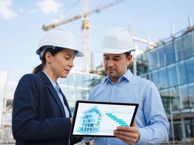 Architect and site engineer reviewing a 3D building model at a construction site