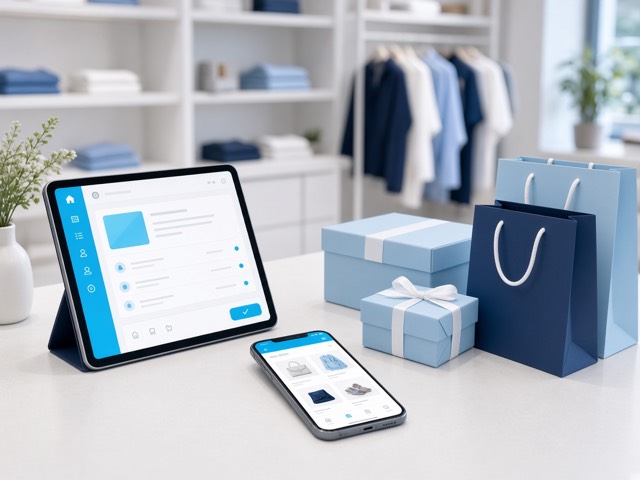 Tablet point-of-sale and shopping app beside parcels in a retail store