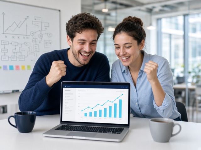 Startup founders celebrating growth on a SaaS dashboard