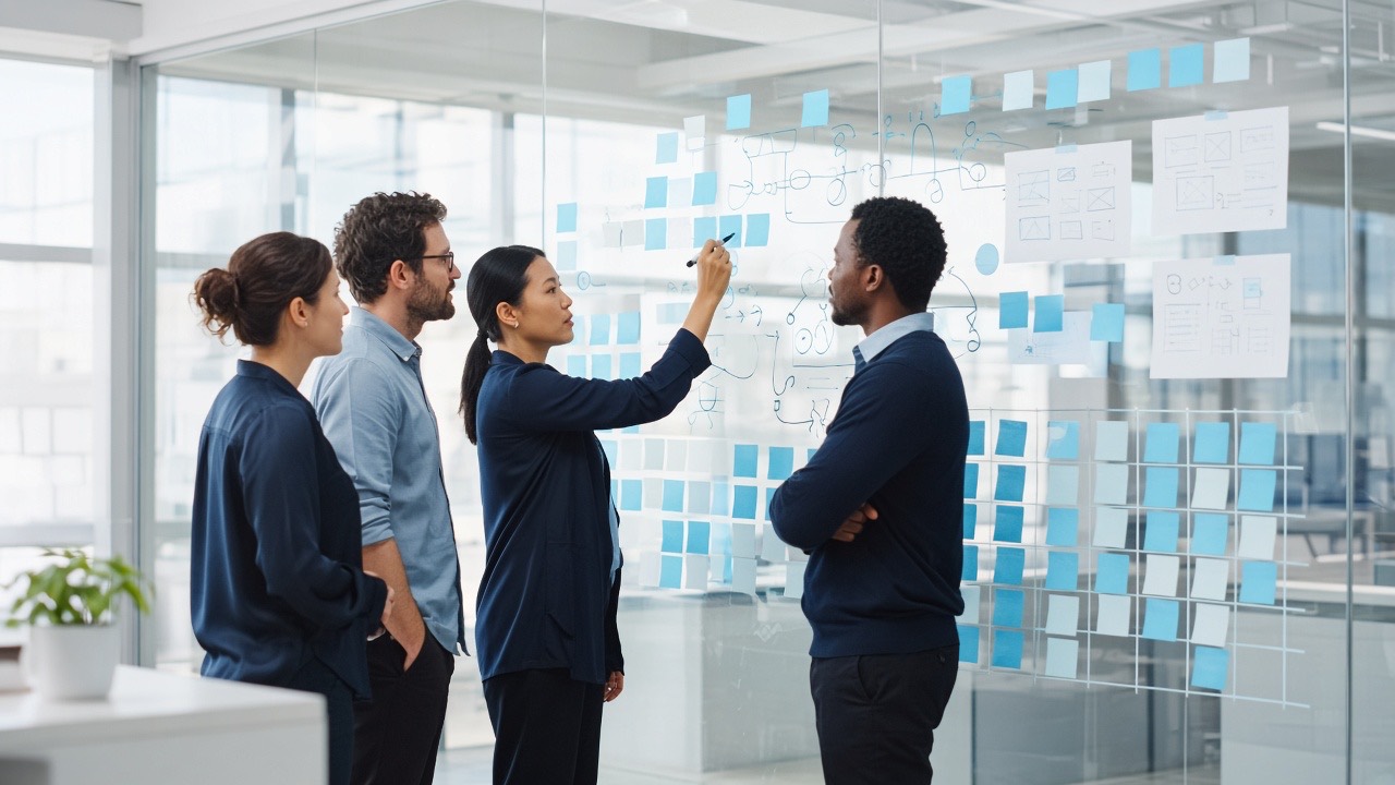 Product team planning user journeys and sprints on a glass wall of sticky notes