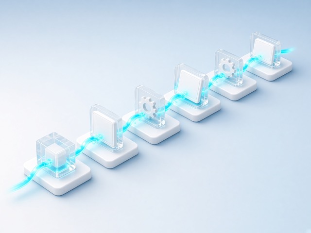 Connected workflow steps linked by a glowing automation line