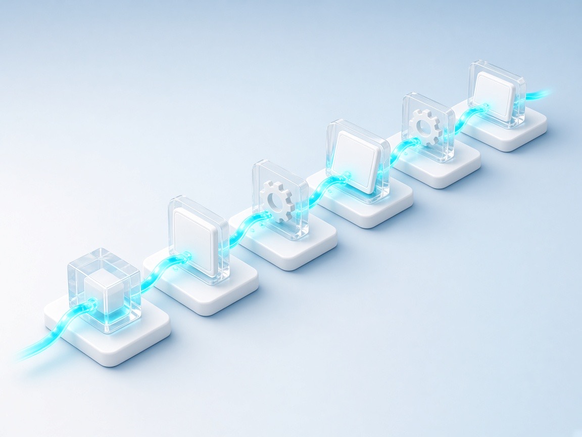 Connected workflow steps linked by a glowing automation line