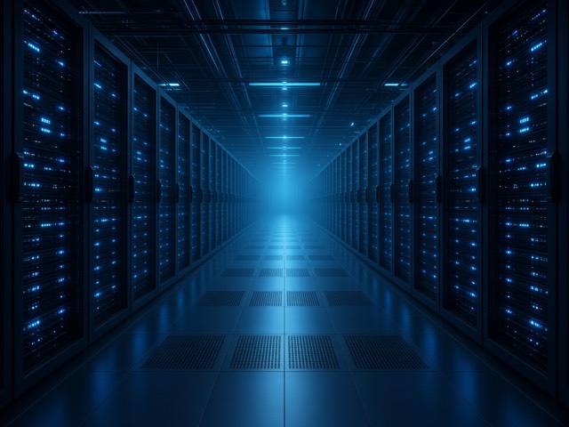 Data center aisle with rows of illuminated server racks