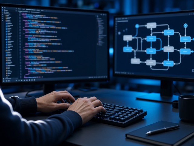 Developer writing code beside a system architecture diagram