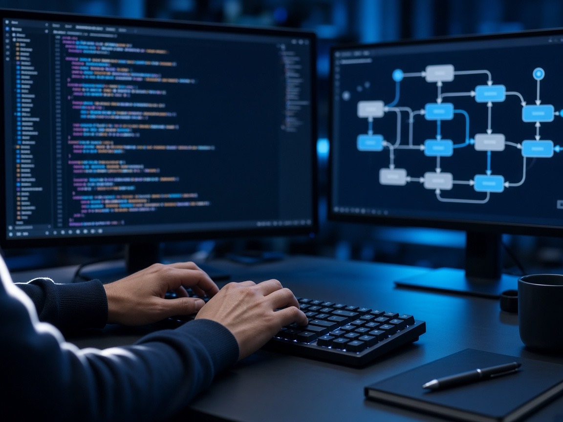 Developer writing code beside a system architecture diagram