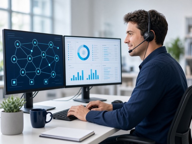 Support engineer monitoring connected systems on two screens