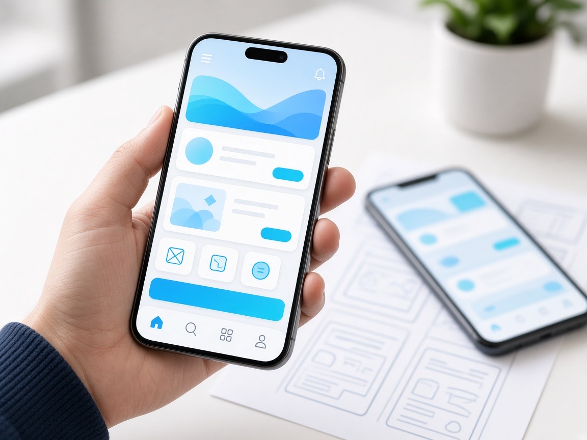 Mobile app interface on a smartphone with wireframes behind it