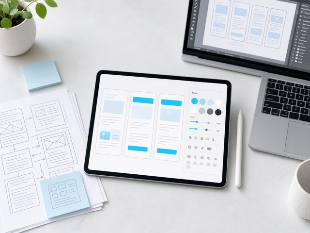 Product design workspace with app screens, wireframes and colour swatches